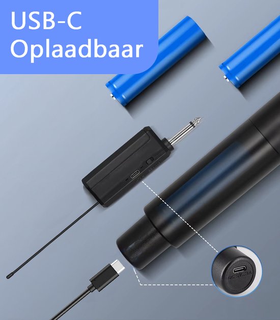 Tech Essentials Drahtloses Mikrofon - USB-C Wiederaufladbar - Extra Reichweite - Karaoke - ASMR - Studio - Geeignet für Party Box - 3.5-6.3mm Klinke