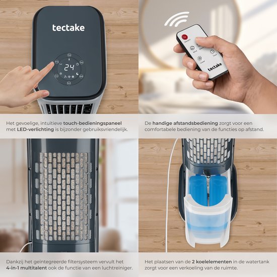 tectake® 4-in-1-Luftkühler Alaska – 5 l Wassertank – 3 Stufen – Luftkühler – Luftkühler mit Schwenkfunktion – Timer – Fernbedienung – Kühlelemente – Luftbefeuchter – Ventilator – Luftreiniger – Anthrazit