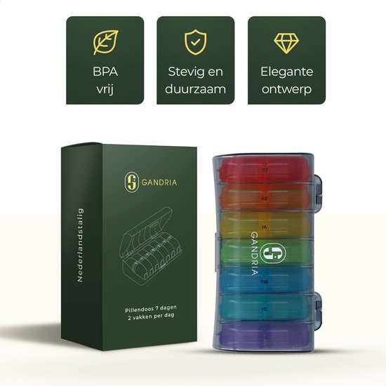 Gandria Pillenbox 7 Tage - Herausnehmbare Pillenbox - Medizinbox mit 14 Fächern - Medizinbox mit stabilem Verschluss - 2 Fächer pro Tag - 7 Farben