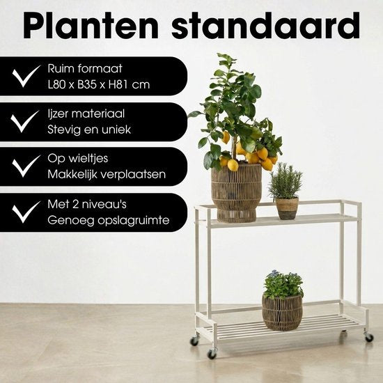 Mica Decorations Greenrax Pflanzenregal auf Rädern – Pflanzenständer für Zimmerpflanzen, Außenpflanzen oder Gartengeräte – Mehrere Ablagen, Pflanzenuntersetzer – 80 x 35 x 81 cm – Eisen – Off-White
