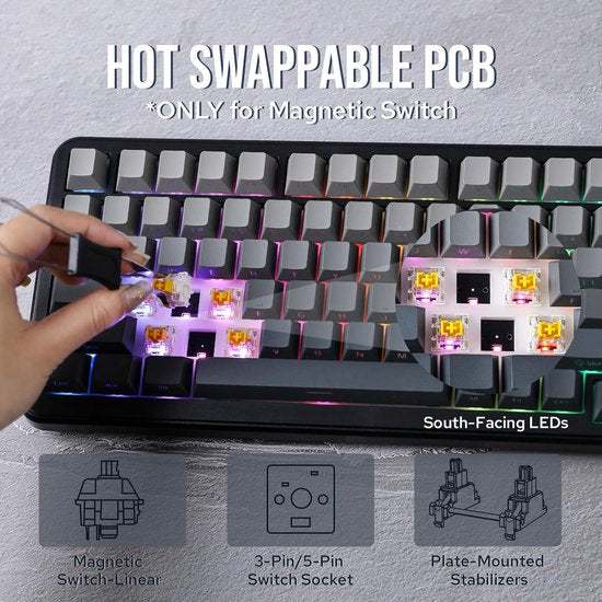 Ajazz RGB Mechanische Gaming-Tastatur - 75% kabelgebundene - Hall-Effekt Rapid Trigger - Seitlich bedruckte Tasten - Dichtung - Hot Swap - 8K Hz Polling Rate - QWERTY - 82 Tasten - Gradient Grey