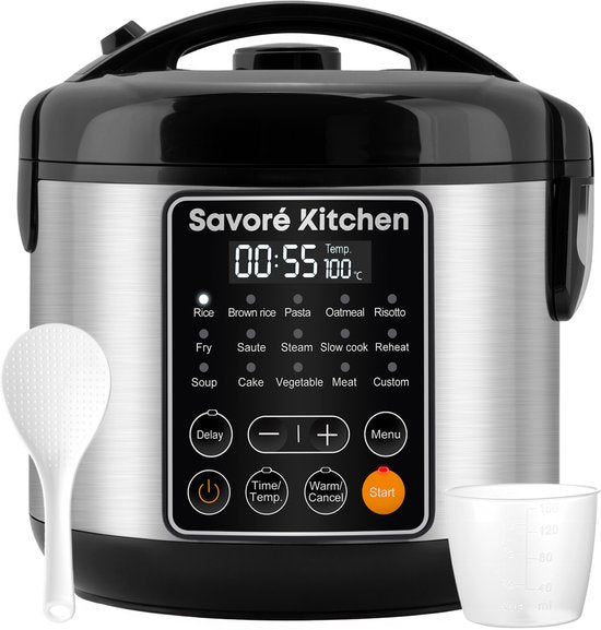 Savoré Kitchen Reiskocher mit Dampfgarer - 3L - 14 Programme - PFAS frei - Schwarzer Edelstahl