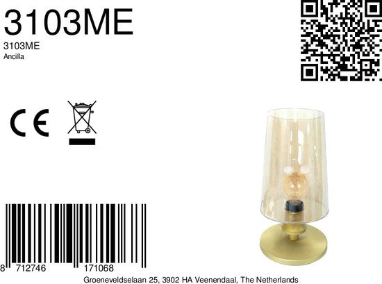 Tischlampe Ancilla 3103ME Messing, E27-Fassung, Touch-Ein-/Ausschaltung – Klassisches Design von Steinhauer – Aus Metall, Glas und Elektronik – 180 cm langes Kabel – Für den Innenbereich
