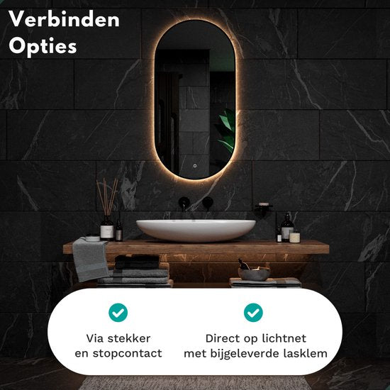 Mirlux Badezimmerspiegel mit LED-Beleuchtung & Heizung - Wandspiegel Oval - Schwarzer Rahmen - 100x50CM