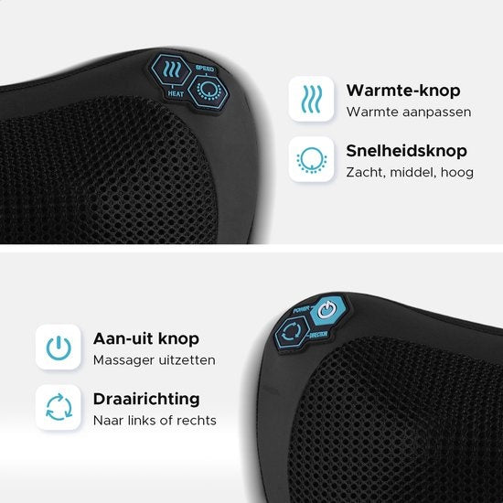 Qumax Massagekissen kabellos - Wiederaufladbar - Wärmefunktion - Elektrisches Shiatsu-Massagekissen - Schwarz