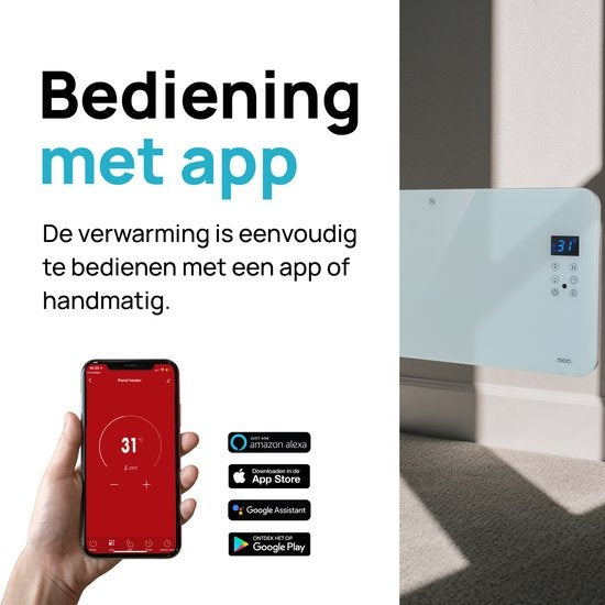 MOA Smart Glass Panel Heater with WiFi - Elektrische Heizung - Konvektorheizung - Flächenheizung - Tragbare Heizung - Weiß - PH15W