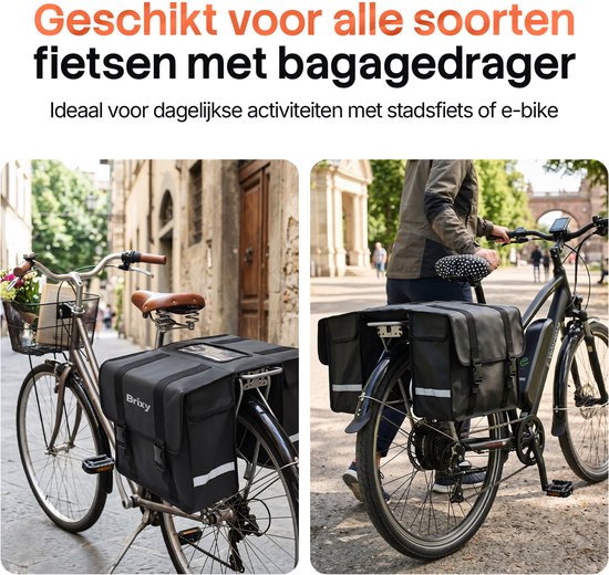 Brixy Doppel-Fahrradtasche – Wasserdichte Fahrradtaschen – 45 l – Mit Reflektoren – E-Bike – Schwarz