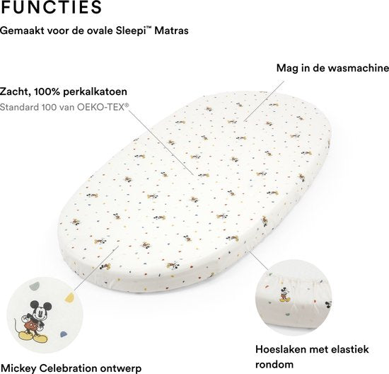 Stokke Sleepi Spannbetttuch, Mickey Celebration – weiche Bettwäsche für süße Träume – speziell für das Stokke Sleepi-Babybett – 100 % feine Baumwolle (Perkal) – waschbar
