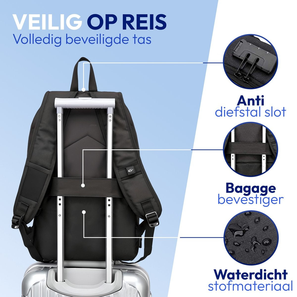Anti-Diebstahl-Rucksack - Wasserdicht - Inklusive USB-Ladestation - 14 bis 15,6 Zoll - Schwarz