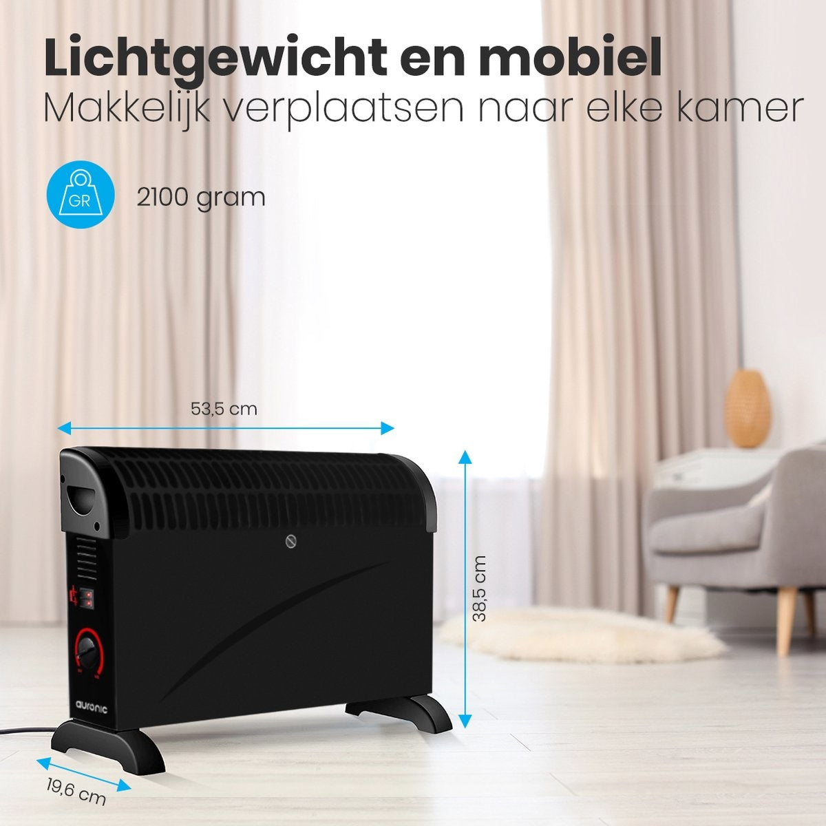 Auronic Elektrokonvektor - 750/1250/2000 Watt - Einstellbarer Thermostat - Schwarz