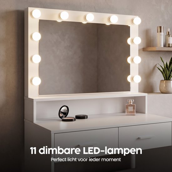 Infinity Goods Schminktisch – Make-up-Tisch – Mit Spiegel und 11 LED-Lampen – Viel Stauraum – Dimmbar – Weiß