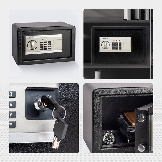 Auronic Electronic Safe - Zahlenschloss - Schlüssel - Wandmontage - 4.3cm Tür - 130dB Alarm - 8L - 31x20x20cm - 4.5KG - Stahl - Schwarz