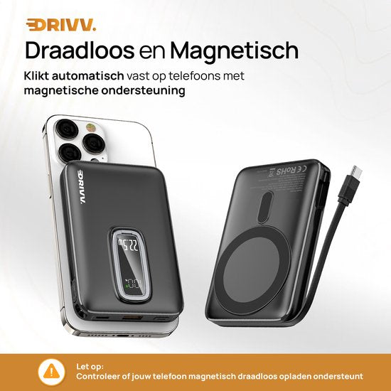 Powerbank 10.000 mAh, MagSafe-kompatibel, mit USB-C-Kabel – 3-in-1-Design – 22,5 W kabellose Powerbank – inklusive 60-W-Ladekabel – Schnellladefunktion – USB & USB-C – Schwarz