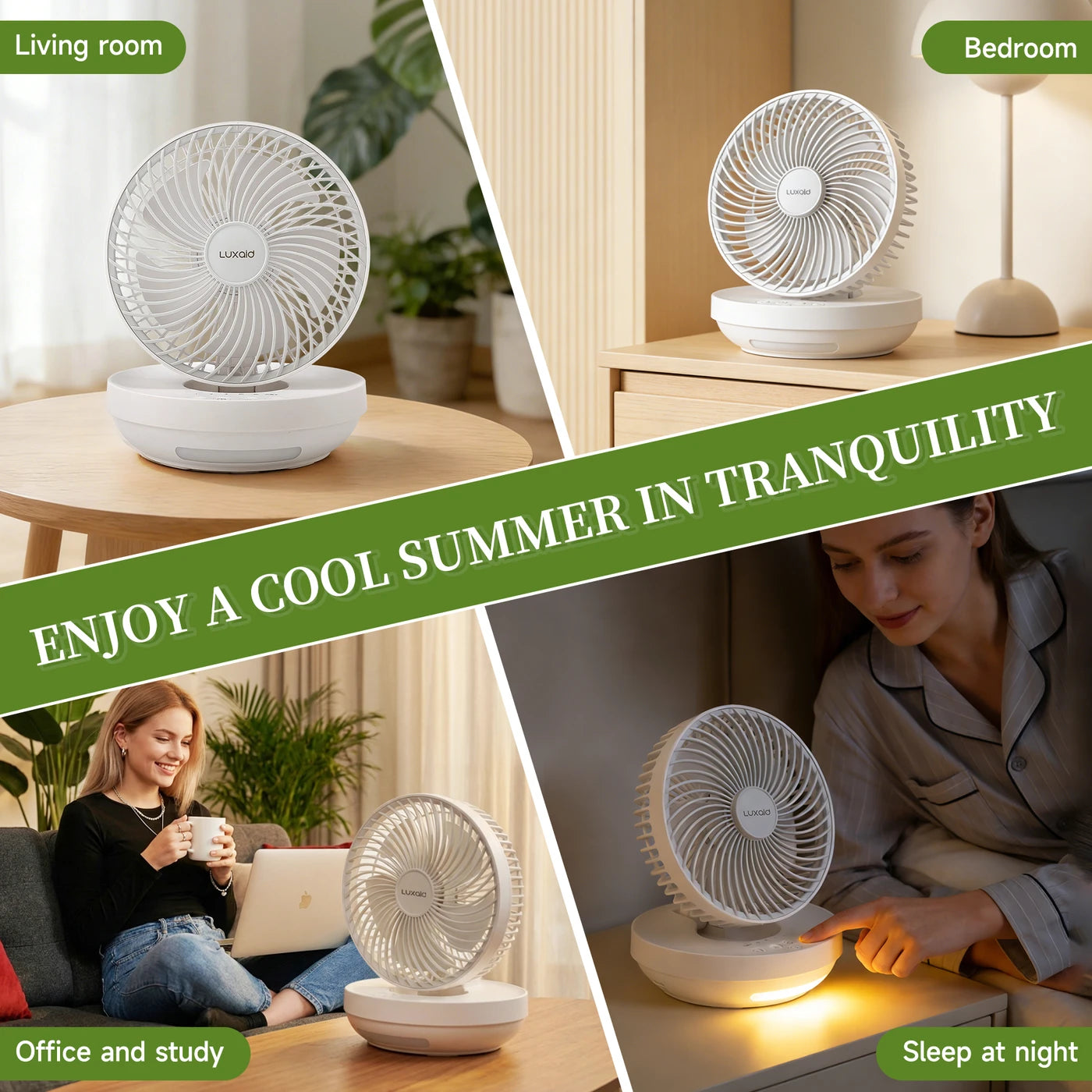 Luxaid klappbarer Tischventilator mit Fernbedienung, 4000-mAh-Akku, Typ-C-Aufladung, 3 Geschwindigkeitsstufen, 4-Stunden-Timer, Nachtlicht, Wandmontage, tragbar und kompakt