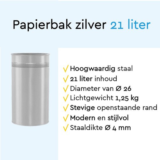 BRASQ Mülleimer Metall Büro/Haushalt - Mülleimer - Abfalleimer - Papierkorb - Rund - Mülleimer - Silber 21 Liter