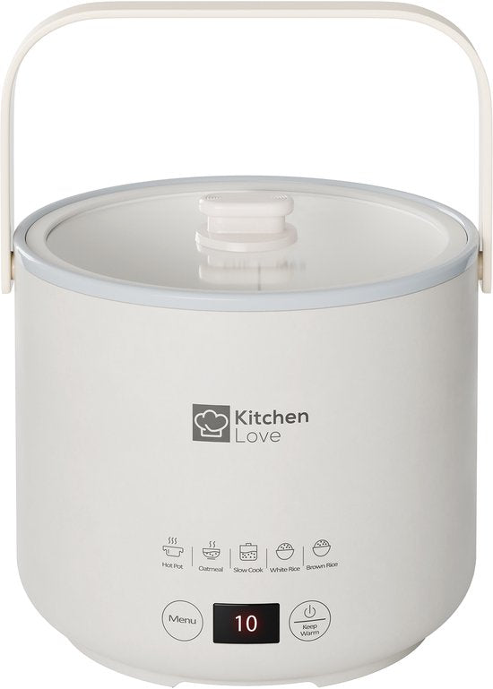 KitchenLove Reiskocher - 0.4L - Multikocher - Langsamkocher - 1 bis 2 Personen - Klein - Cremeweiß
