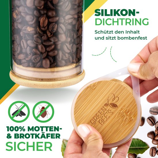 GREEN BEE`S 6er Set Vorratsglas groß - 2x1500ml & 4x650ml - Passgenau für Schublade & Apothekerschrank - Nachhaltige Vorratsgläser mit Deckel luftdicht - Für Mehl, Reis, Nudeln, Müsli und Bohnen