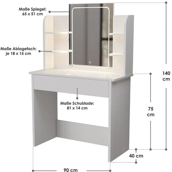 Frisiertisch Zoey - Inkl. LED-Spiegel - Weiß