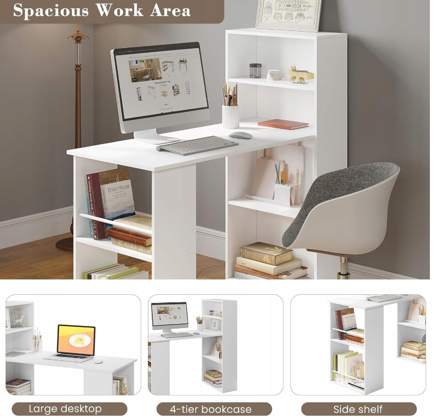 WOLTU Schreibtisch 122 x 55 x 120 cm – mit 6 Einlegeböden – MDF – Weiß