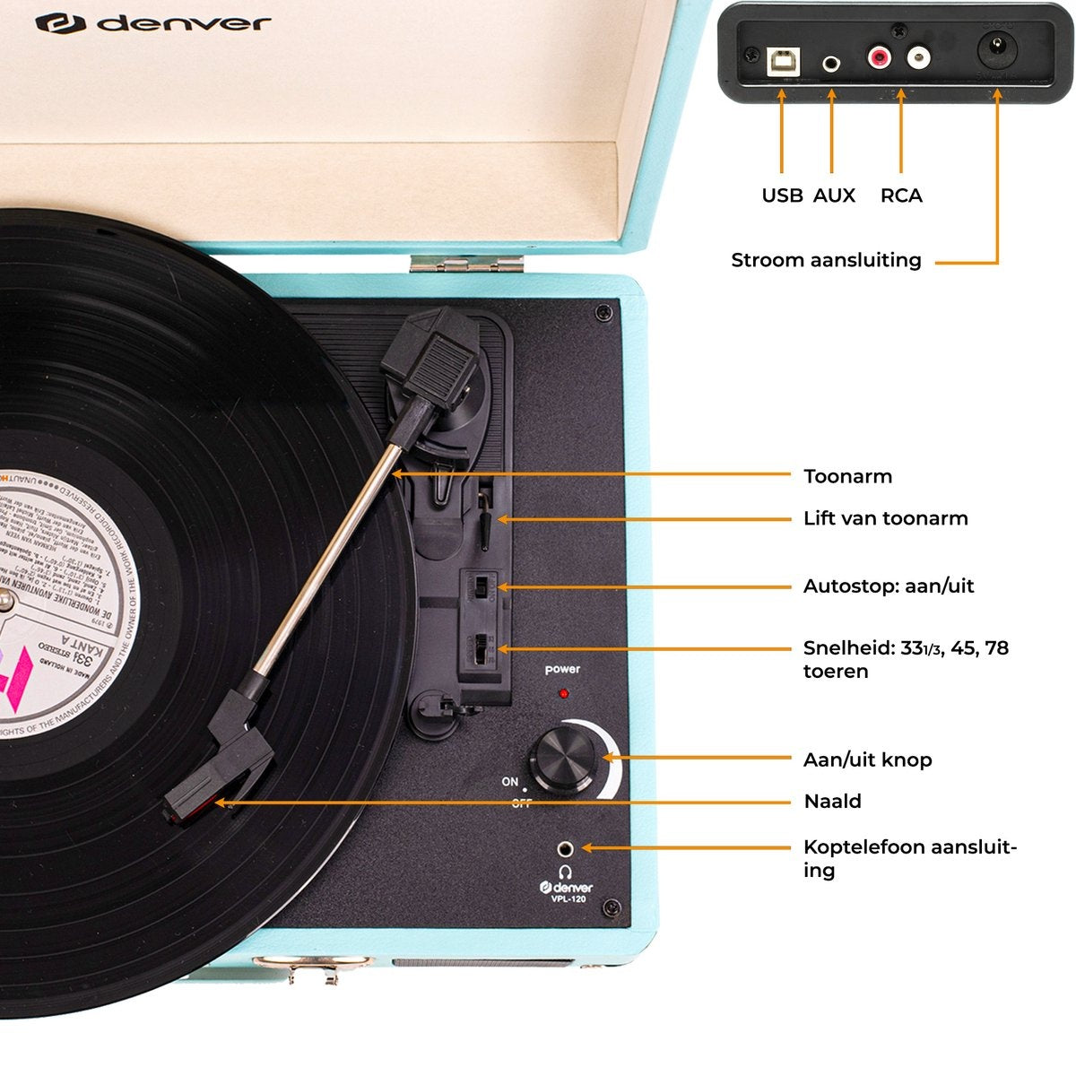 Denver Plattenspieler - Integrierte Lautsprecher - Inkl. PC-Software - Autostopp - Retro - VPL120 - Blau