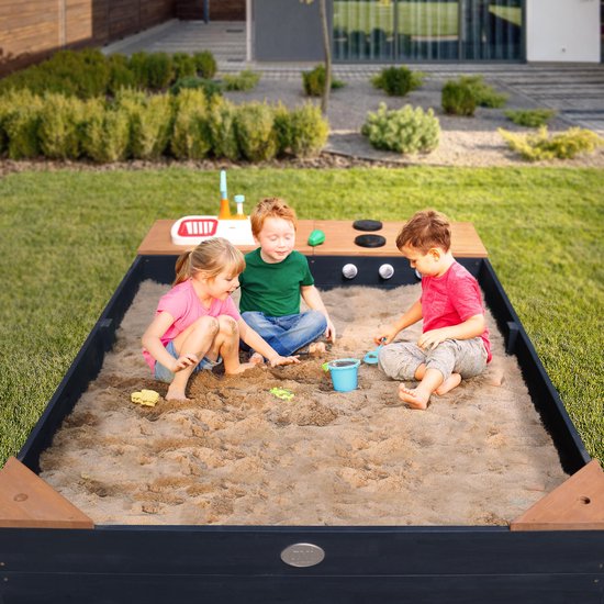 AXI Kelly Sandkasten mit Spielküche Anthrazit/Braun – Waschbecken inkl. 17-teiligem Zubehörset – Inklusive Abdeckplane und Bodenplane