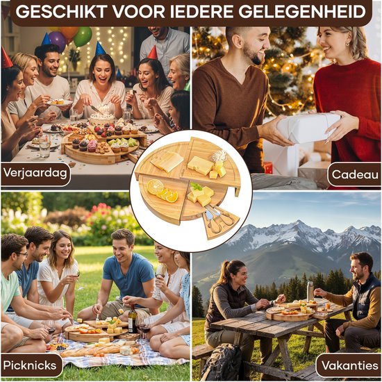 Villux Tapas-Brett – Snack-Brett – Servierbrett – Käsebrett – Häppchenbrett – inklusive Käsemesser – Tapas-Brett aus Bambus – rundes Snack-Brett – inklusive E-Book – ø 38 cm