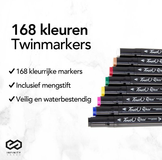 Infinity Goods Twinmarkers 168 Stück - Professionelle Alkoholmarker - Doppelseitige Spitze - Marker - Aufbewahrungstasche mit Halterung