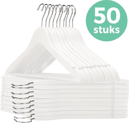 LifeGoods Kleiderbügel - Mit Hosenstange - Hartholz - Weiß - 50 Stück