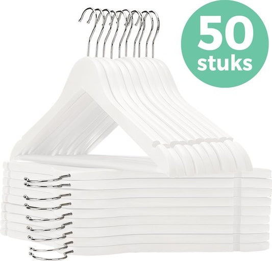 LifeGoods Kleiderbügel - Mit Hosenstange - Hartholz - Weiß - 50 Stück