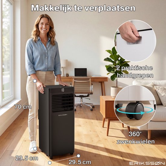 Erikssøn Mobile Klimaanlage – 10.000 BTU – inkl. Fensterdichtungsset – bis zu 30 m² – 4-in-1 – Klimaanlage – Ventilator – Luftentfeuchter – Schwarz
