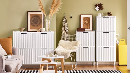 SoBuy FSR177-L-W Schuhschrank Weiß - Schmal mit 4 Klappen & 8 Fachböden