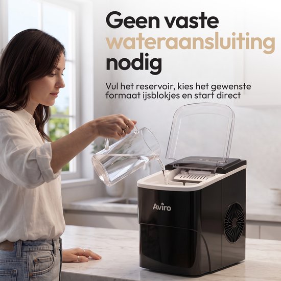 Aviro Eiswürfelmaschine XL – 2 l – Mit Eislöffel – Eiswürfelbereiter – 16 kg / 24 Std. – Selbstreinigungsfunktion – Schwarz