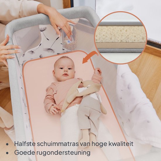 Lionelo Aurora 3-in-1-Beistellbett – Babybett bis 9 kg – Mitwachsbett – 4 Rollen mit Bremse – Reisebett – Höhenverstellbar – Atmungsaktives Netzgewebe – Inklusive Matratze und Transporttasche – Abnehmbarer Bezug