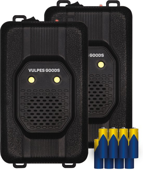 Vulpes Goods® Repellent - Marderabwehr - Schädlingsabwehr - Multifunktionsset Indoor & Outdoor - Batterien, 12V & Autobatterie - Marder, Mäuse & Ratten - Steinmarderabwehr PRO - 2 Stück - inkl. Batterien