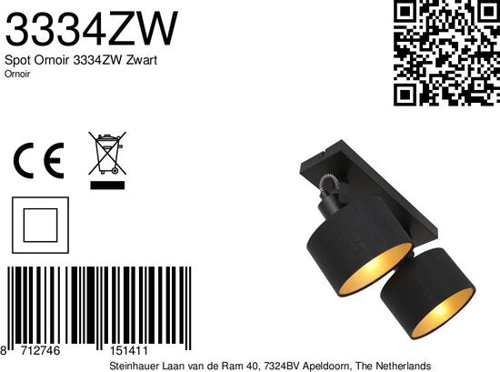 2er-Set Spot-Leuchten Ornoir 3334ZW, schwarz mit goldfarbenen Lampenschirmen, dreh- und neigbar, Metall und Textil, modern, Mexlite, für den Innenbereich