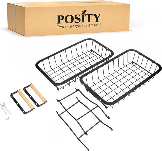 Posity Fruit Bowl 2 Layer - Obstkorb - Obst Etagere - Gemüsekorb - Drahtkorb - Obstregal - Holz & Metall - Schwarz