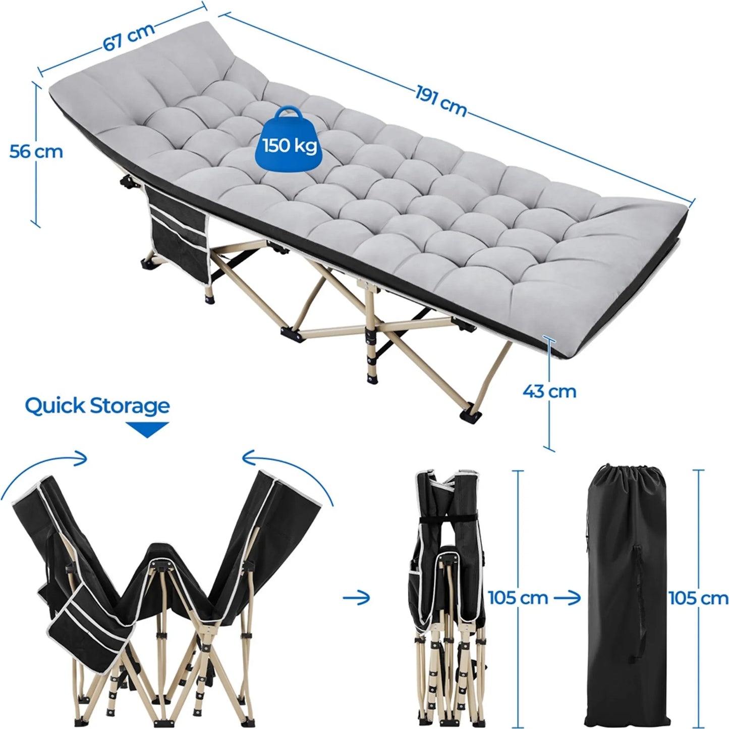 Yaheetech Camping Bett faltbar - Ausgestattet mit bequemer Matratze und praktischer Tragetasche und Seitenfächer - Für Camping und Gästezimmer - Schwarzes Metall und 600D Oxford Gewebe - 191 x 67 x 56 cm