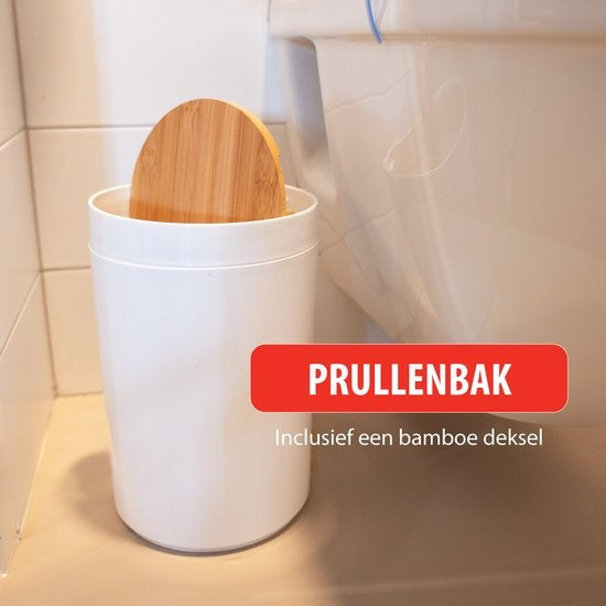 alpina Badezimmerset - Toilettenset - 6-teilig - Seifenspender - Zahnbürstenhalter - Toilettenbürste - Abfalleimer - Seifenschale - Becher - Bambus - Weiß