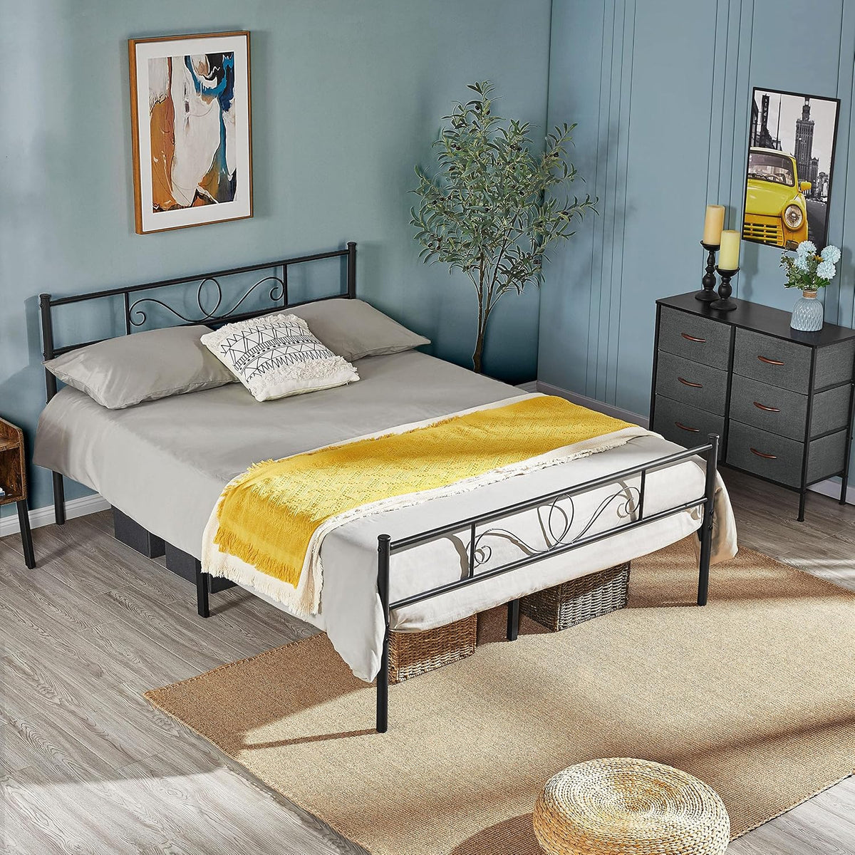 Yaheetech Doppelbett aus Metall 140 x 200 cm – Schwarzes Bettgestell – Mit Lattenrost