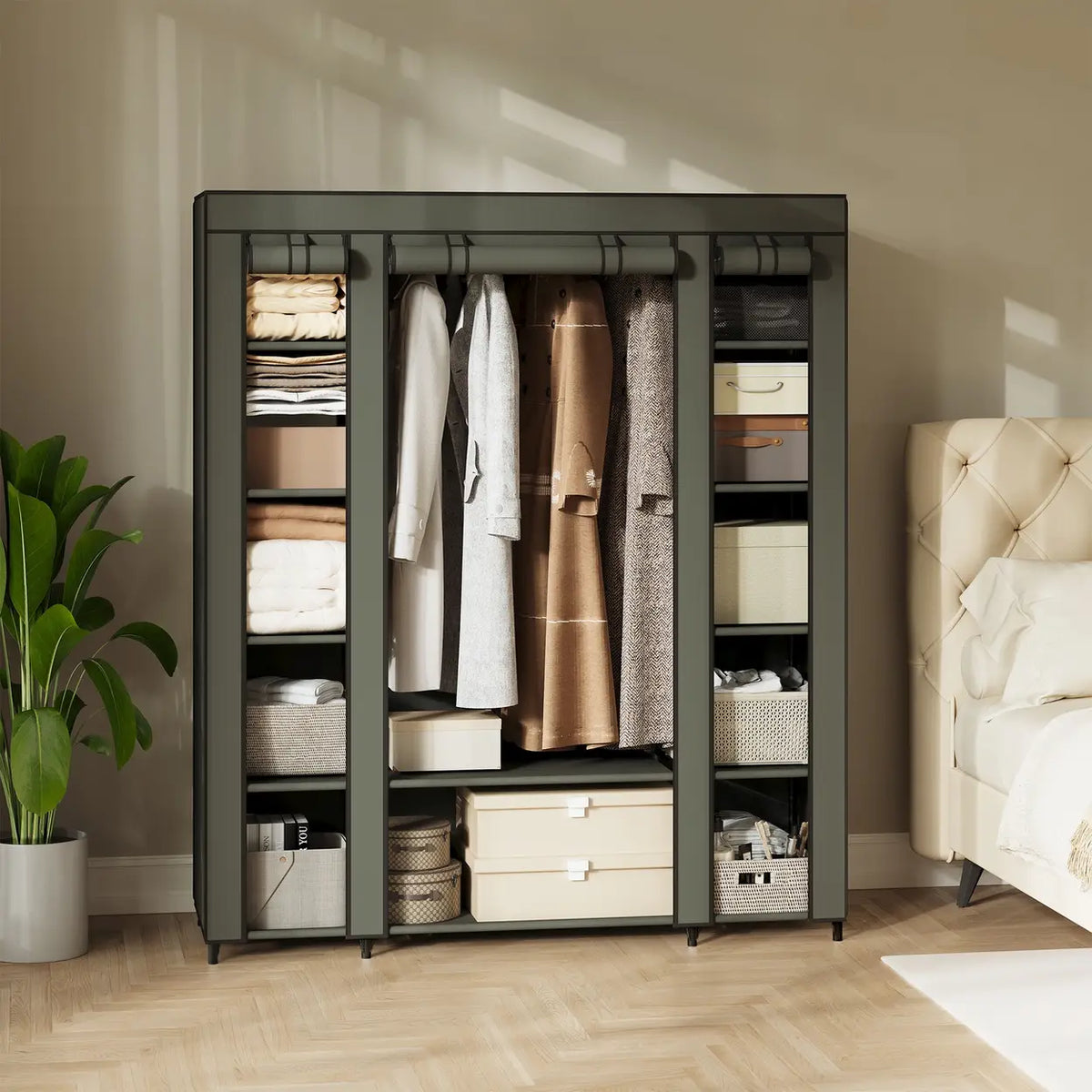 JOYFURNOS Kleiderschrank 150 x 45 x 175 cm – Laurel-Grün – 12 Fächer mit Kleiderstange