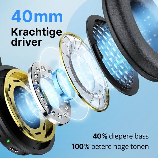 Unitone - Focus Kopfhörer Wireless - Aktive Geräuschunterdrückung - Over-Ear - Geeignet für Apple & Android - schwarz