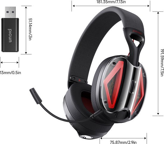 Picun G1 - 2.4GHz Wireless Gaming Headset - Over-Ear-Kopfhörer - Mit Mikrofon - PC/PS4/PS5/Nintendo Switch - Schwarz rot