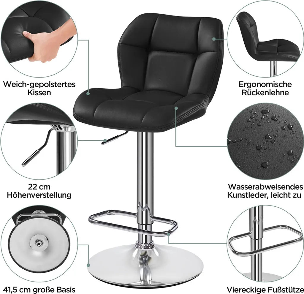 Yaheetech Barhocker 2er Set - Schwarzes Kunstleder - Verstellbar 62,5-84,5 cm - 360° drehbar mit Rückenlehne und Fußstütze
