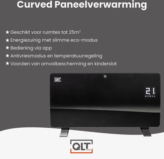 QLT Curved Glass Heating Panel - Elektrische Heizung mit App-Steuerung - Badheizung mit Thermostat und Frostschutz - 2000 Watt - Schwarz