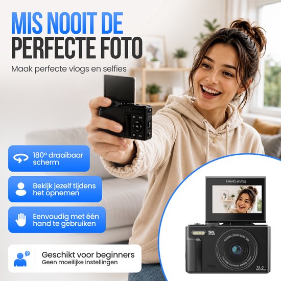 Strex Digitalkamera 5K 75 MP – Fotokamera – Kompaktkamera mit WLAN – Vlog-Kamera – Fotokamera für Kinder – 18-facher Zoom – schwenkbares Display – Schwarz