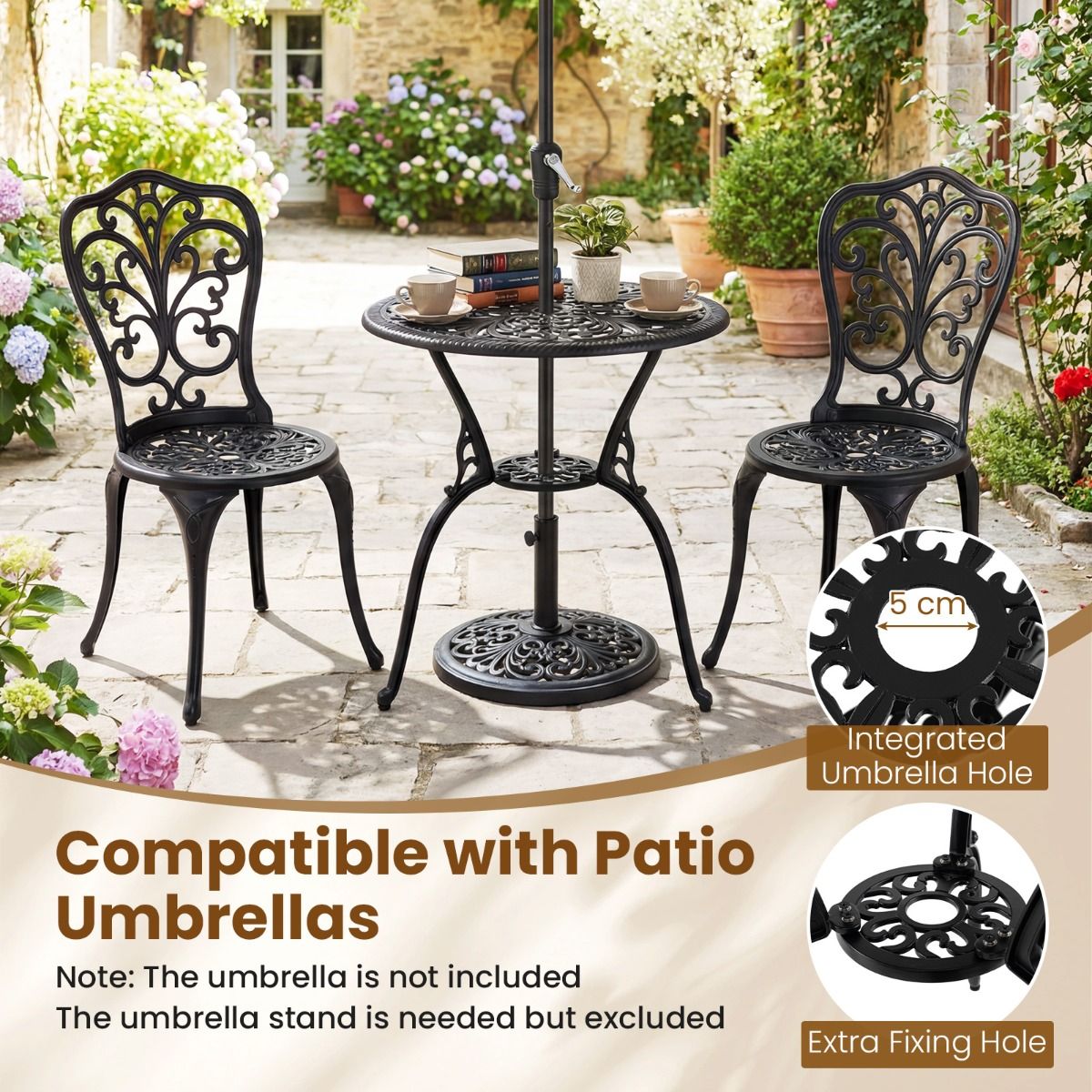 Coast 3-teiliges Bistro-Set – Aluminiumguss – Sonnenschirmloch – Rückenlehnen in Schmetterlingsform – schwarz