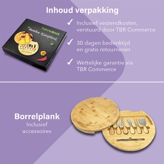 TidyHome® Trinkbrett - Käsebrett - Bambus - Holz - Ø 33cm - Tapasbrett rund - Käsebrett mit Messern - Komplett-Set mit 6 Käsemessern - Servierbrett