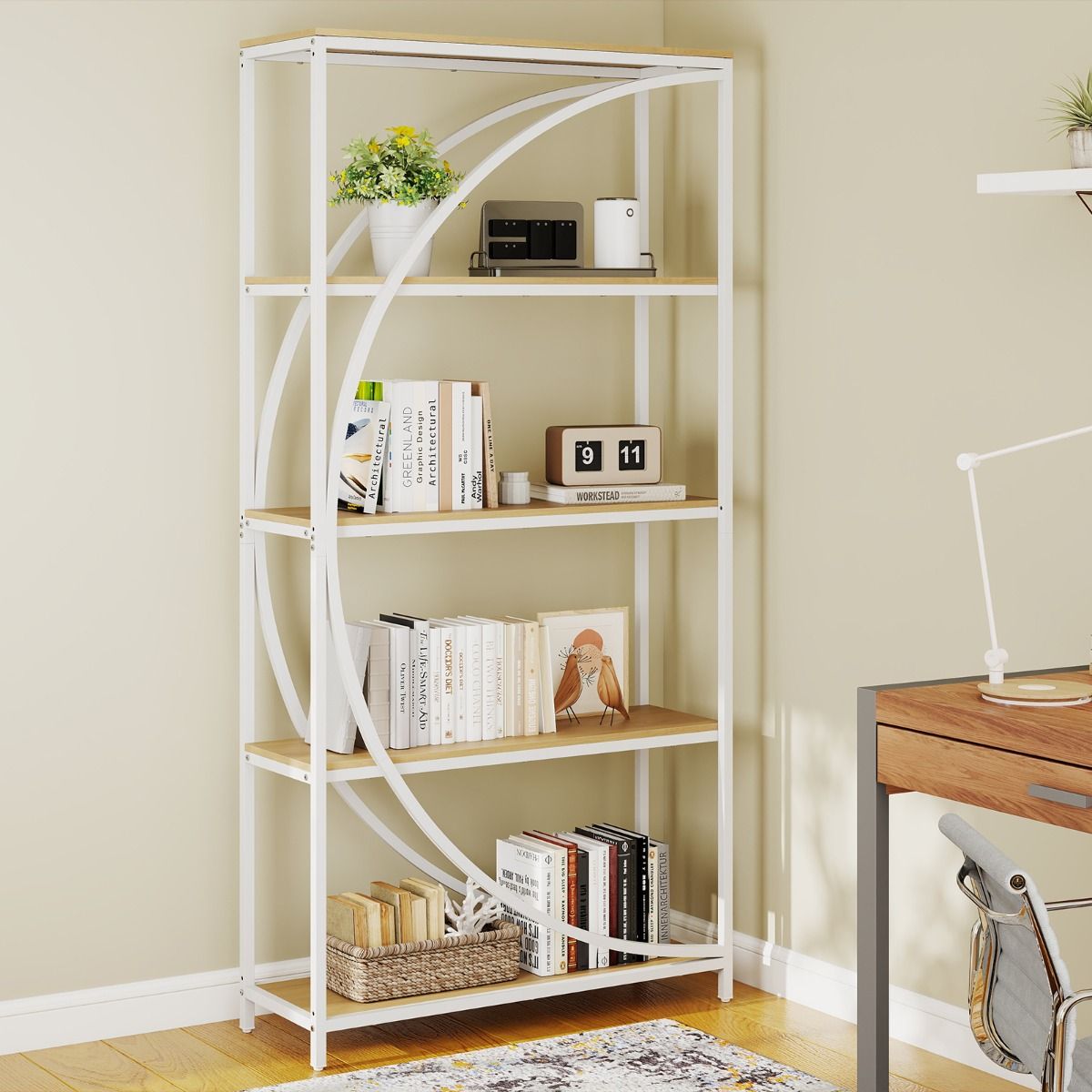 Coast Bücherregal – geometrisches Design – 5 offene Einlegeböden – weiß und naturfarben