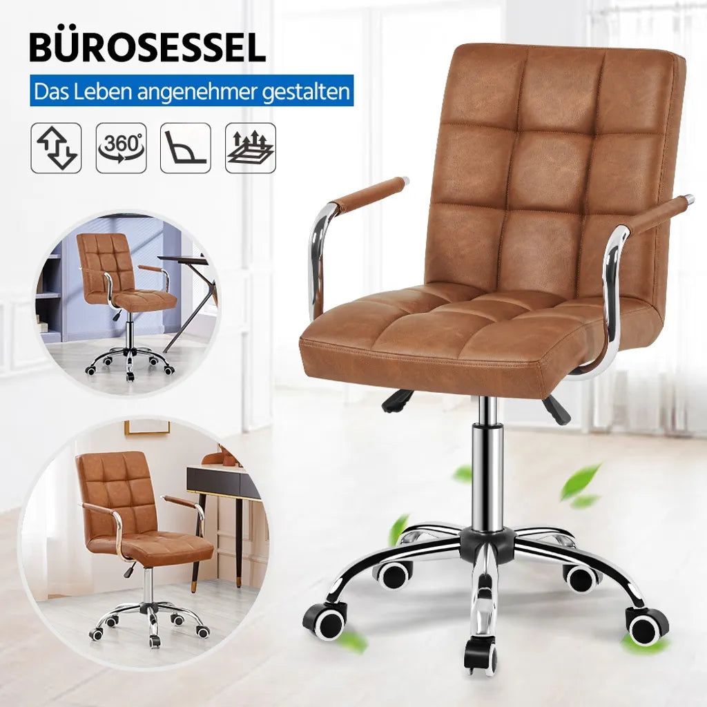 Yaheetech Bürostuhl aus Kunstleder mit Armlehnen – verstellbar und drehbar – Retro-Braun