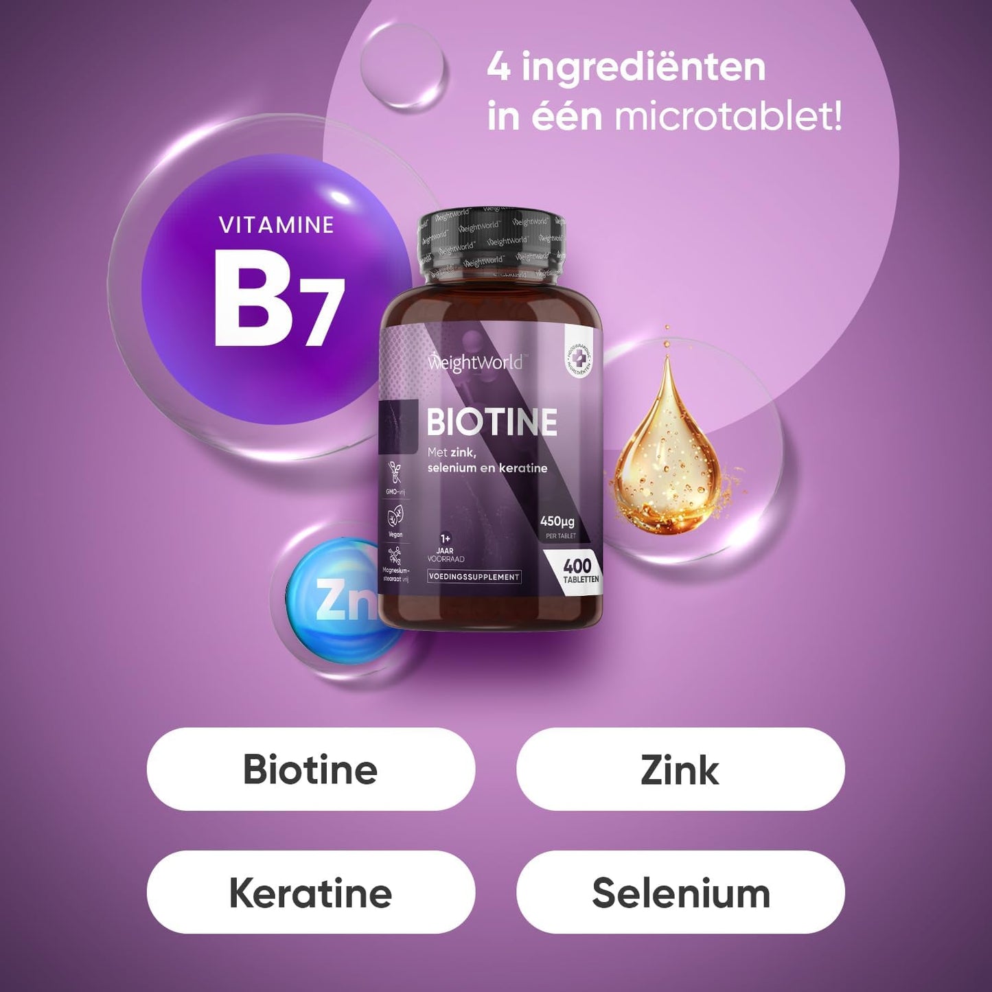 WeightWorld Biotin, Zink, Selen & Keratin Tabletten - 400 vegane Mikrotabletten (Ø 6 mm) - 1+ Jahresvorrat - 15 mg Zink & 25 mg Keratin